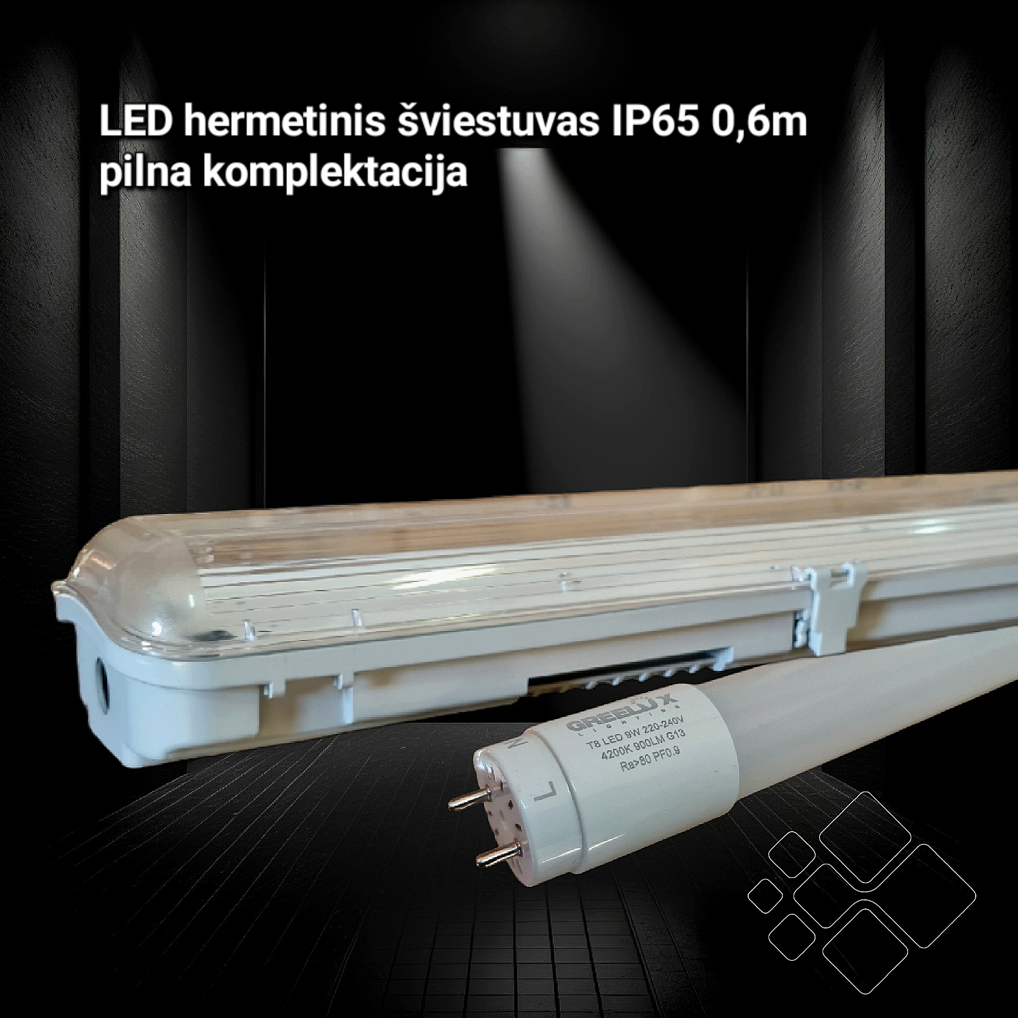 LED hermetinis šviestuvas, 60 cm. Pilna komplektacija