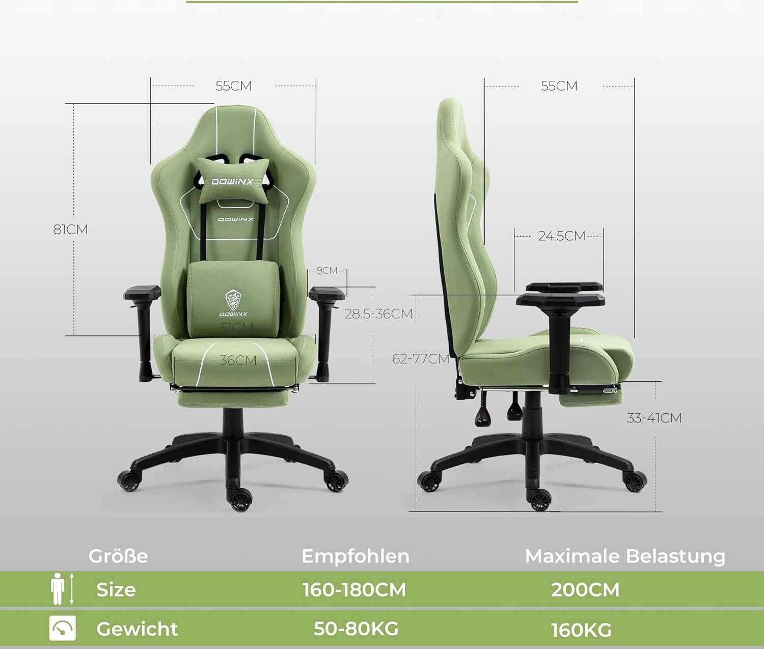 Premium klasės, ergonomiška "Dowinx" žaidimų kėdė. GREEN (ECO lether)